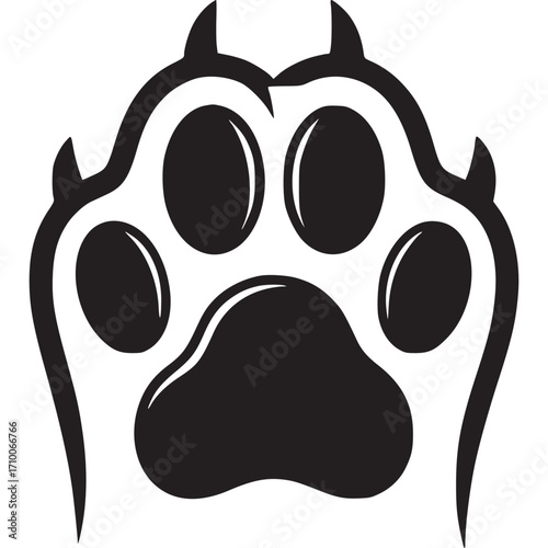 Black paw print with claws isolated on white background