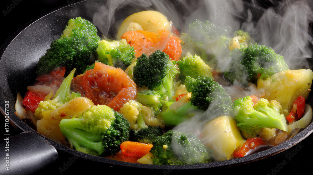 custom made wallpaper toronto digitalSizzling vegetables in a pan, captured from above with steam rising and vibrant colors popping.
