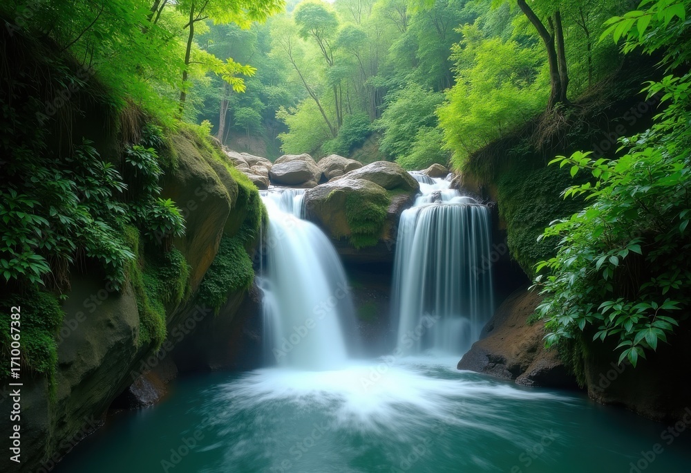 Fototapeta premium Serene Cascading Waterfall Surrounded by Lush Greenery Calm Reflection Nature Escape Tranquility and Beauty