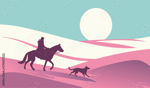 Silhouette of Rider Horse and Dog in Pink Desert Landscape behind big white moon with blue sky