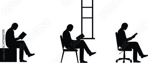 Man reading silhouette, learning activity, book engagement, quiet moment, literature study, seated figure, vector illustration, reflective posture, office chair, ladder