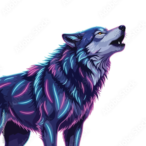 A stylized wolf with neon blue and pink accents howling against a white background.