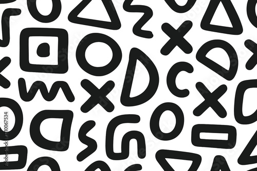 Black abstract shapes create a playful pattern on a white background, showcasing creativity and modern design aesthetics