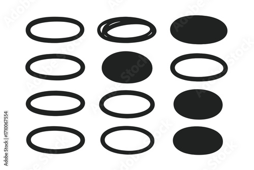 Different shapes of ovals arranged in rows, showcasing variations in width and size for design or illustration purposes
