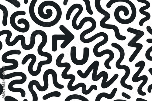 Black and white abstract pattern featuring swirls and zigzags on a simple background showcasing dynamic shapes