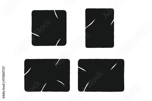Black squares with white scratches arranged in a grid pattern create a bold visual effect on a plain background