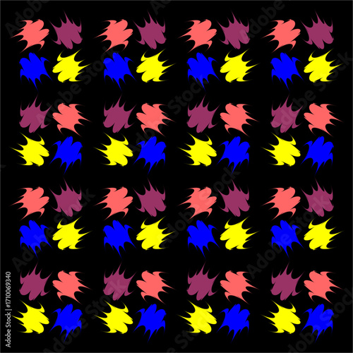 Dynamic strokes of red, yellow, blue, and maroon ignite across a black canvas in rhythmic repetition, resembling fiery brush-painted sparks.