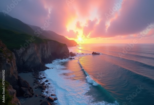 Serene Ocean Waves Lapping Against Majestic Rocky Shoreline Tranquil Coastal Beauty Nature Seascape