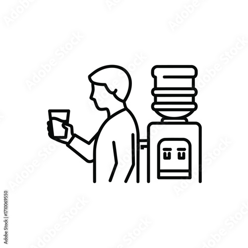 Illustration of a man getting a glass of water from a water cooler, , in a simple black and white line drawing