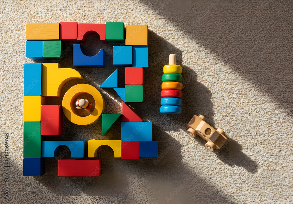 Obraz premium Vibrant Wooden Building Blocks and Educational Toys on Carpet with Sunlight