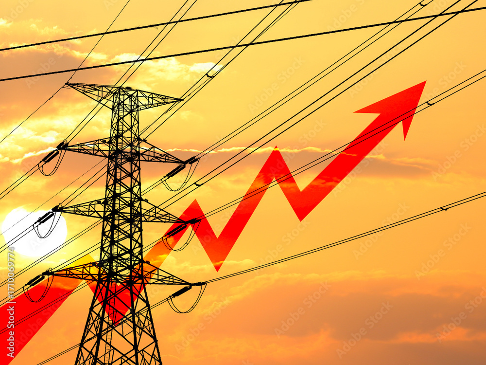 custom made wallpaper toronto digitalConceptual image of rising electricity bills, more expensive energy costs, high voltage electric poles with beautiful lights.