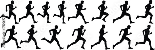 Running silhouette illustrations, human motion cycle, black and white clipart, athletic poses, sports biomechanics, animation frames, vector bundle set