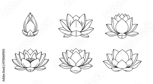 Collection of six stylized lotus flower silhouettes in black and white