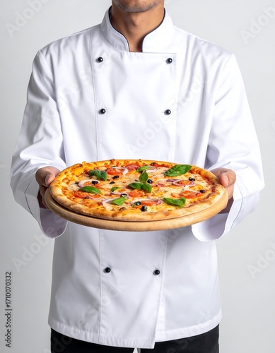 Chef presenting a pizza