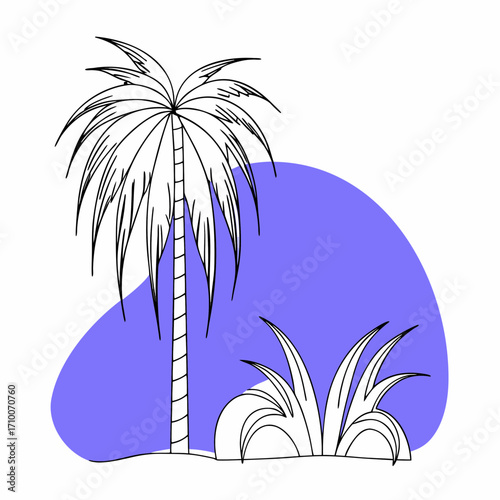 Minimalist line art palm tree and tropical vegetation