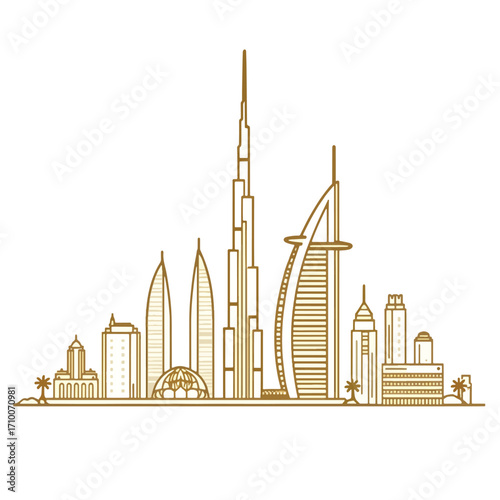 Adobe Illustrator Artwork Gold dubai shines highlighting the iconic architectural marvels within dubais breathtaking skyline.
