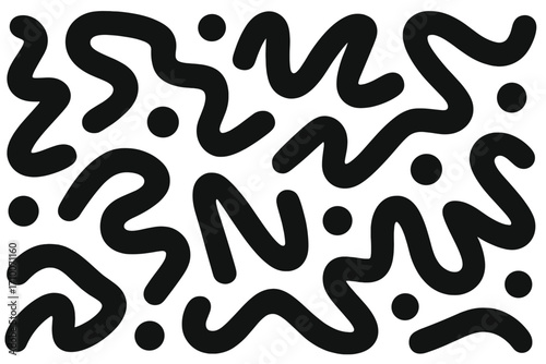 Abstract black design with wavy lines and dots on a white background creating a modern artistic pattern