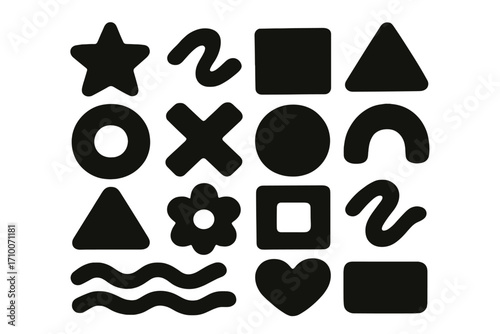 Black abstract shapes arranged in a creative pattern on a white background for design projects or educational materials