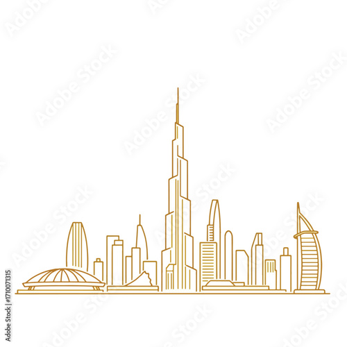 Gold dubai shines showcasing iconic marvels in the stunning skyline, perfect for travel brochures, tourism websites, and luxury magazines.
