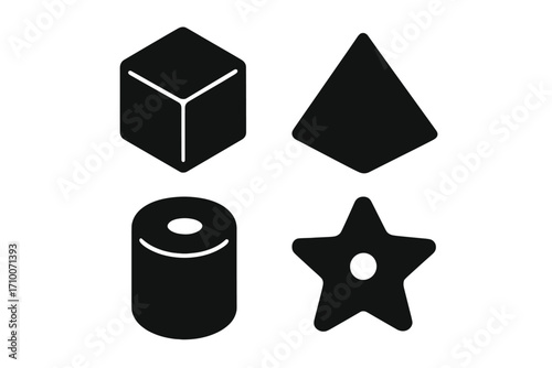 Various geometric shapes including cube, pyramid, cylinder, and star on a plain background