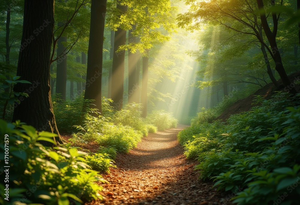 Fototapeta premium Serene Woodland Path Tranquil Nature Trail Lush Forest Greenery Sunlight Dappled Shadows Peaceful Escape
