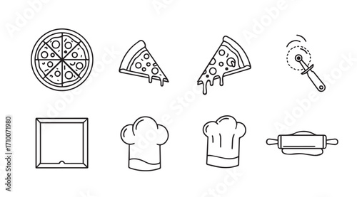 Collection of hand drawn pizza and baking utensil icons in silhouette