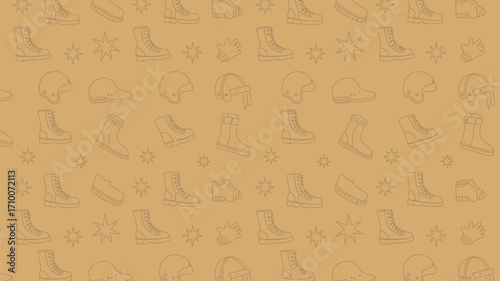 A repeating pattern of boots helmets and star shapes on a tan background in a sketch style drawing