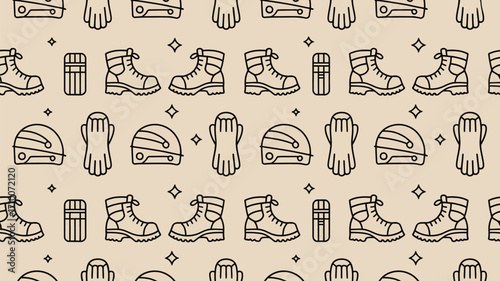 A seamless pattern featuring hiking boots gloves helmet and first aid kit on a light beige background