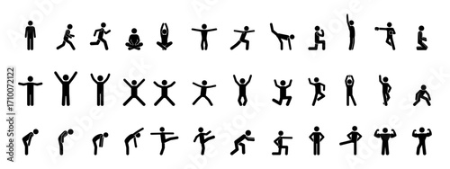 Collection of 36 stickman poses and gestures. Human silhouette in different actions such as running, jumping, yoga, sitting, stretching, exercising, dancing, and standing. Vector lifestyle posture ico