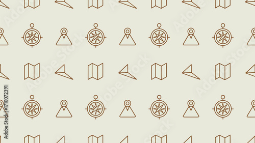Repeating pattern of compasses maps location markers and paper airplanes on a light beige background