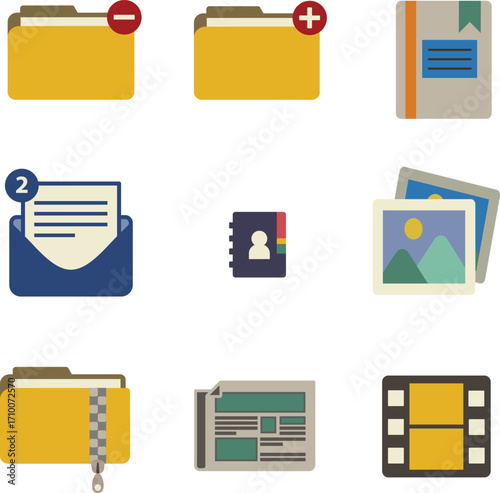 Flat design office and digital media icons including folders, mail, book, and photo gallery