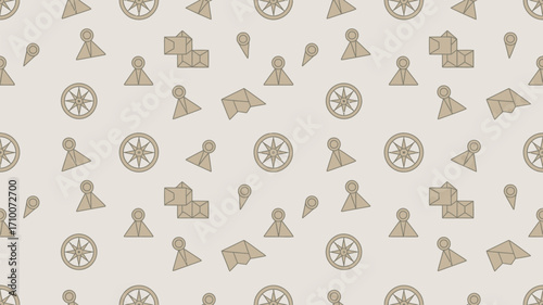 Seamless pattern featuring compasses paper airplanes map markers and stacked boxes on a light background