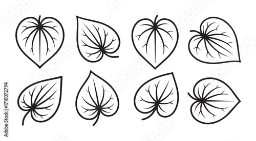 Collection of stylized heart shaped leaves in silhouette