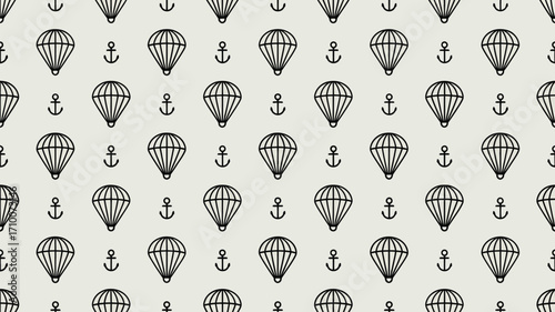 Seamless pattern featuring black outline parachutes and anchors on a light background repeat design