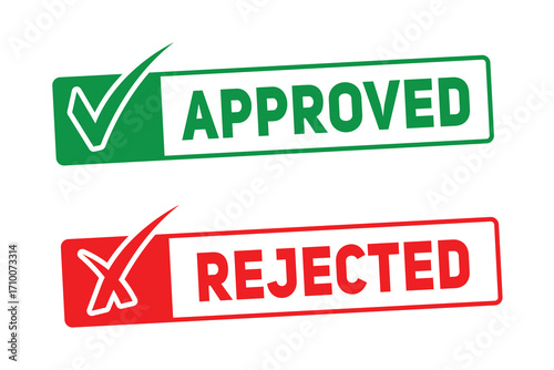 Approved rejected stamps with checkmarks and xs visual confirmation icons for decisions