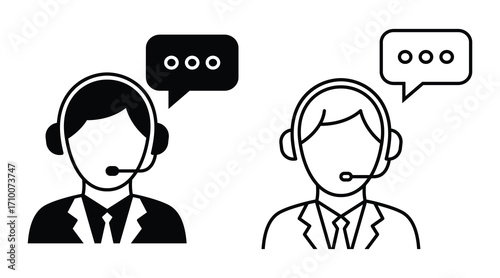 Customer service representative icons two figures wearing headsets with speech bubbles