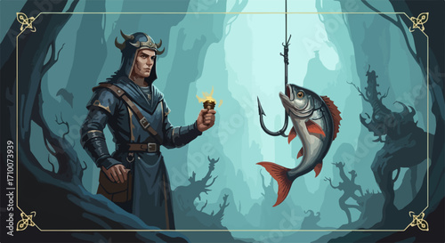 Fantasy fishing scene with figure in forest showing magical power, a fantasy fishing scene with a fresh catch. The fantasy scene highlights folklore and otherworldly creatures,