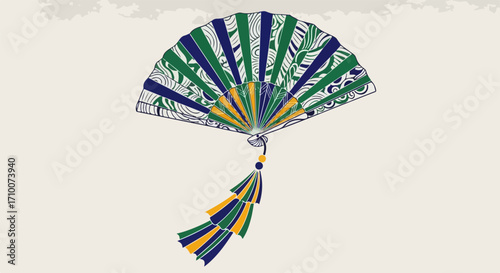 Ornamental hand fan in colorful design against muted beige background. This folding hand fan is decorative, with detailed tassel and playful geometric shapes, presenting an elegant flair.
