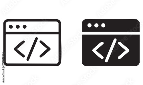 Web development and coding icons in dark and light styles featuring browser windows and html tags vector illustration
