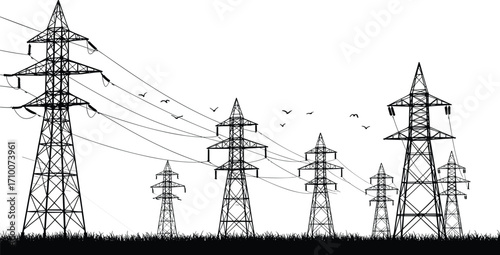 Transmission tower silhouette, electrical grid, power lines, energy infrastructure, lattice pylons, grassy field, birds flying, high voltage, utility network, rural landscape