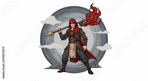 Illustration showing brave character holding flaming staff. Illustration of brave character in hooded cloak holds burning staff, standing strong against stormy weather.