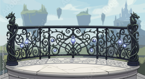 Ornamental balcony overlooking distant castles and floating islands under blue sky. Balcony design with intricate metalwork, including dragon figures and decorative flourishes.
