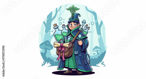Depiction of a potion seller in fantasy setting with bottles and herbs. Potion seller traveling through woods in cloak and tall hat filled with ingredients, including mushrooms.