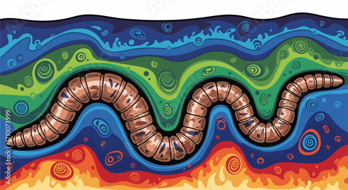 Earthworm crawling underground, earthworm illustration showcases earthworm in soil layers. Colorful earthworm is great for educational purposes.