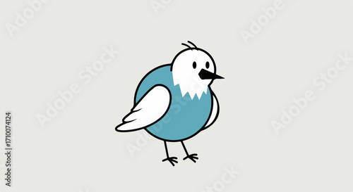 Cute bird illustration showing plump blue bird, little bird with white face and feathers. Fluffy bird stands on thin legs. Cute bird illustration concept for children's books, educational projects,