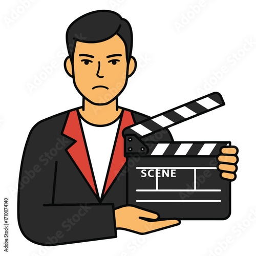 Man Holding a Clapperboard for Movie Production - Vector Illustration