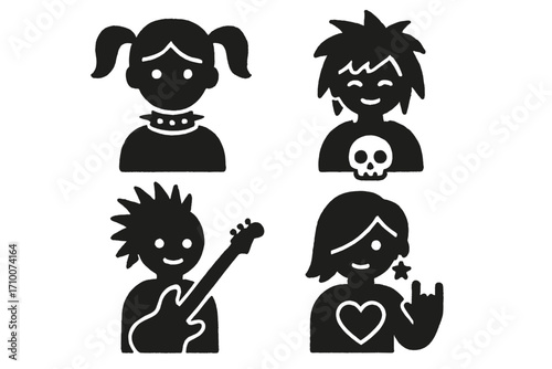 Four playful character illustrations representing different music styles and youthful expressions of creativity and individuality