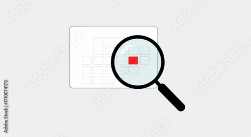 Magnifying glass focuses on calendar date, emphasizing deadline importance. Calendar search with magnifier highlights crucial date, stressing schedule.