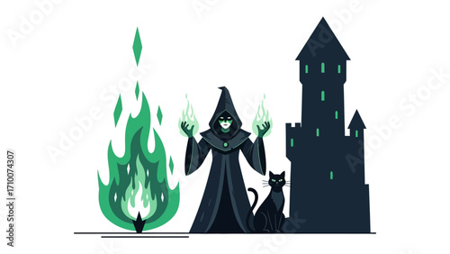 Enchanting Spellcaster: A cloaked figure, exuding mystery, conjures vivid green flames. Beside them, a sleek black feline, set against the backdrop of a foreboding tower. A magical illustration.