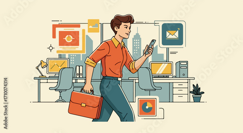 Business man walking through modern office corridor holding briefcase and smartphone. Professional business man walking past desks with computers and data icons.